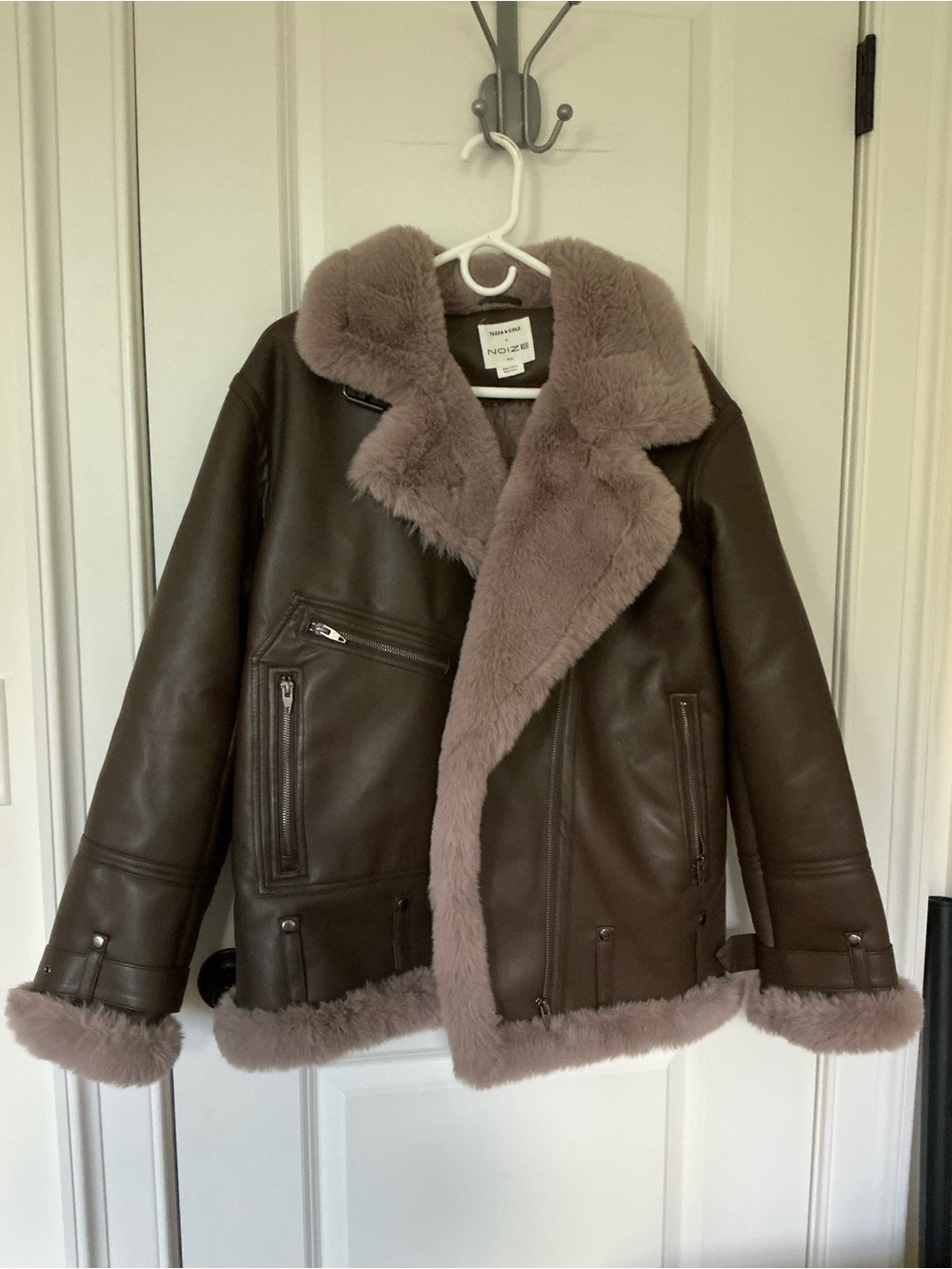 Noize Brown Moto Shearling Jacket with Taupe Trim